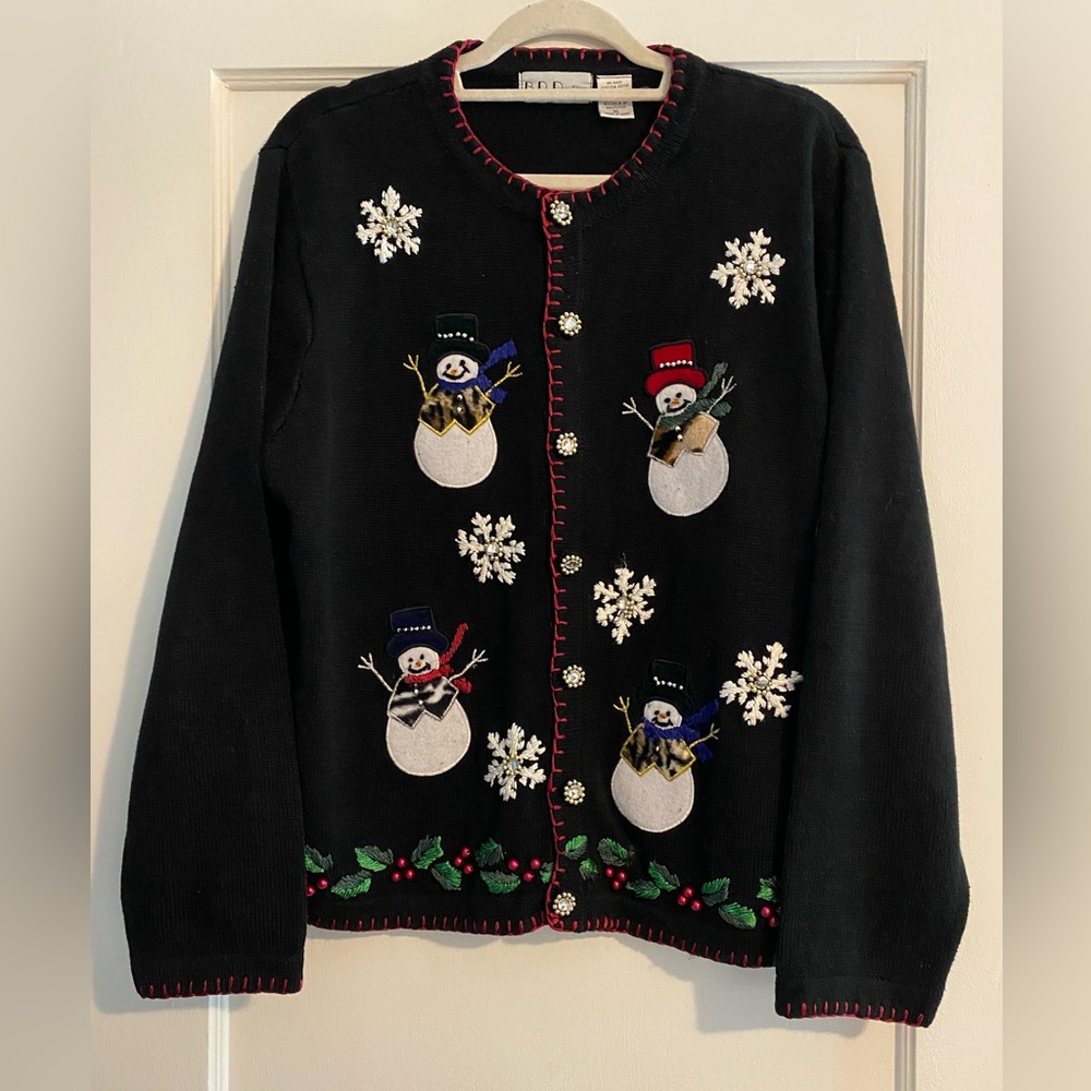 Vintage B.P. Design Black Beaded Snowman Ugly Christmas Sweater Size XL